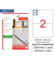 Tanex Lazer Etiket tw-2102 500 A4 Sayfa Laser Etiket 210 x 148,5 mm Boyutunda 1 A4 Sayfada 2 Etiket