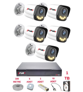 FURY 5 Kameralı 4 Warm Led Gece Renkli Görüş-Cepten İzle-Su Geçirmez Güvenlik Kamerası Seti 1TB