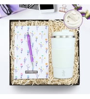 Kişiye Özel Beyaz 500 Ml Çelik Termos & Beyaz Desenli Defter & Gümüş Renk Detaylı Mor Tükenmez Kalem Hediye Seti