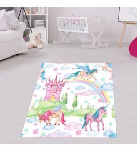 Unicorn Desenli Unicornlu Dijital Baskı Yıkanabilir Kaymaz Taban Leke Tutmaz Çocuk Odası Halısı (Çok Renkli)