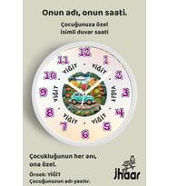 İsme Özel Turkuaz Araba ve Orman Çocuk Odası Duvar Saati Orta Boy 30 cm Beyaz Camlı Sessiz