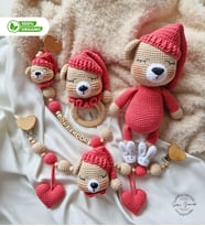 Sarı Yumak Organik El Yapımı Amigurumi Ayıcık Seti - Çıngırak, Oyuncak, Emzik Zinciri ve Puset Askısı (Yenidoğan Hediyesi)