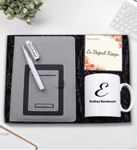 Kişiye Özel Telefon Cepli Gri Defter & Kupa Bardak & Beyaz Roller Kalem Hediye Seti