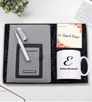 Kişiye Özel Telefon Cepli Gri Defter & Kupa Bardak & Beyaz Roller Kalem Hediye Seti