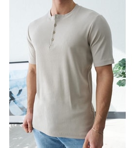 Erkek Taş Fitilli Henley Yaka Basic Tişört