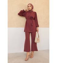Kolları Piliseli Pantolon Tunik Takım - Gül Kurusu