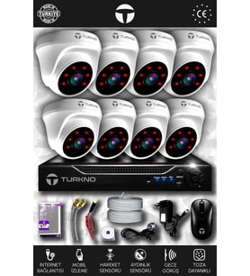 TURKNO 8 Kameralı Domia 8 İç Kamera Set HDD'siz Full HD Gece Görüşlü Güvenlik Kamerası Sistemi