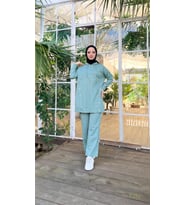 Kapşonlu Çıtçıt Detaylı Kısa Sweat Pantolon İkili Tesettür Eşofman Takımı - 03079.100 - Çağla Yeşili