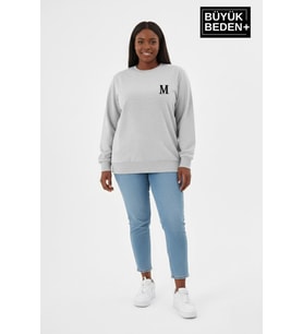 Kadın Büyük Beden M Baskılı Bisiklet Yaka ince Sweatshirt SPR26BSWK956-13