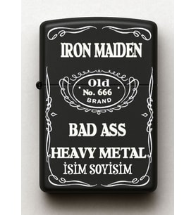 Iron Maiden Desenli Kişiye Özel İsimli Siyah Benzinli Metal Çakmak