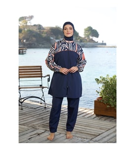 Estiva Croplu Fermuarlı Tam Kapalı Tesettür Mayo (Lacivert)