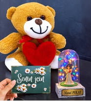 Sevimli Kalpli Peluş Ayıcık ve Renkli Led Işıklı Kişiye Özel Fanus (Model 3)