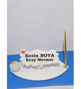 Sümen Ofis Doğal Beyaz Mermer İsimlik Haritalı Gold Tek Kalem ve Mermer Beyaz Onix Elma Figürü