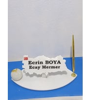 Sümen Ofis Doğal Beyaz Mermer İsimlik Haritalı Gold Tek Kalem ve Mermer Beyaz Onix Elma Figürü