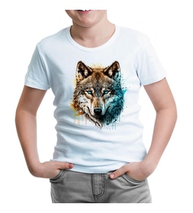 A Wolf with Blue and Yellow Paint Beyaz Çocuk Tshirt