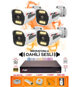 FURY 4 LÜ Sesli 6 Warm Led Gece Renkli Görüş Su Geçirmez Güvenlik Kamerası Seti 500GB