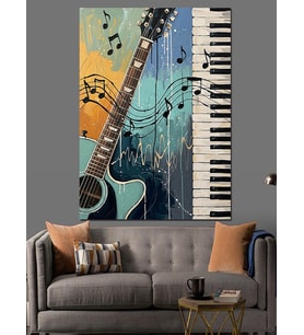 Piyano Gitar Ve Müzik Notaları Dekoratif Kanvas - Mdf Ahşap Tablo