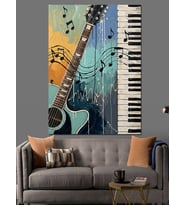 Piyano Gitar Ve Müzik Notaları Dekoratif Kanvas - Mdf Ahşap Tablo