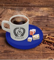 BK Gift Kişiye Özel Mavi Sunum Tabaklı Çelenk Baş Harfli İsimli Türk Kahvesi Fincanı Model 6