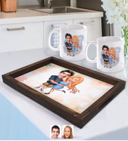 BK Gift Kişiye Özel Sevgililer Karikatürlü Doğal Ahşap Tepsi ve 2’li Kupa Bardak Seti-13