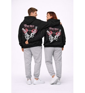 Sevgili Kombini True Love Baskılı Oversize Siyah Hoodie Seti Unisex