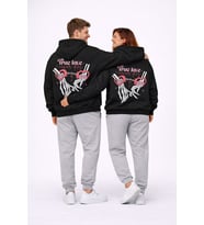 Sevgili Kombini True Love Baskılı Oversize Siyah Hoodie Seti Unisex