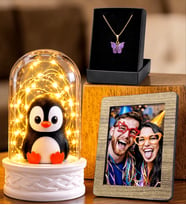 Kişiye Özel Fotoğraflı Led Işıklı Penguenli Fanus ve Kelebek Kolye Hediye Seti