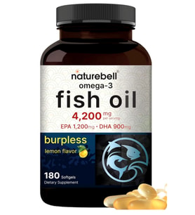 NatureBell Omega 3 Fish Oil 4,200mg, 180 Burpless Softgels, Highly Purified EPA 1,200mg DHA 900mg 60 Servis.