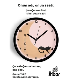 İsme Özel Ayda Uyuyan Kedi Çocuk Odası Duvar Saati Orta Boy 30 cm Siyah Camlı Sessiz