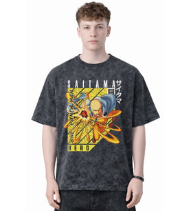 Tasarım One Punch Man Saitama Hero Anime Baskılı Unisex Oversize Eskitme Yıkamalı Tişört