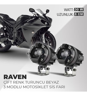 Raven 2 Adet 30W Çift Renk Turuncu Beyaz 3 Modlu Motosiklet Sis Farı Led Lamba