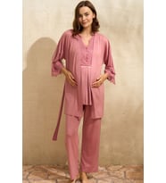 Kadın Viskon Hamile Lohusa Dantelli Sabahlık Önden Açılan Emzirme T-Shirt ve Pantolon Pijama 3lü Takım (5771) (Gül Kurusu)