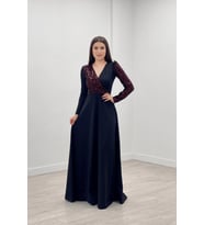 Krep Kumaş Payet Detaylı Elbise - BORDO