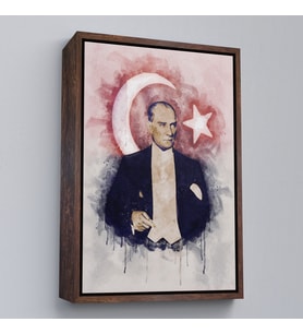 Çerçeveli Mustafa Kemal Atatürk ve Türk Bayrağı Suluboya Görünümlü Dekoratif Kanvas Tablo (Altın)