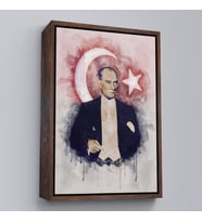 Çerçeveli Mustafa Kemal Atatürk ve Türk Bayrağı Suluboya Görünümlü Dekoratif Kanvas Tablo (Altın)