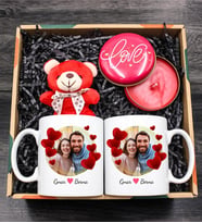 Çiftlere Özel 2'li Fotoğraflı Kupa & Peluş Ayıcık & Metal Love Mum Hediye Seti