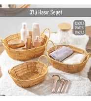 Porsima 302-B Oval 3'lü Hasır Sepet Dekoratif Ev Düzenleyici Kendinden Kulplu Hasır Sepet Seti Banyo Düzenleyici Sepet