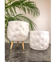 Bitki Tasarımı Beyaz Desenli Toprak Saksı Saksılık Salon Çiçeklik İkili Set Ayaksız - 3 Ayaklı- 19 CM