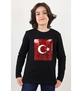 Toontoy Unisex Çocuk Atatürk Bayraklı Çift Taraflı Pullu Tişört (Siyah)