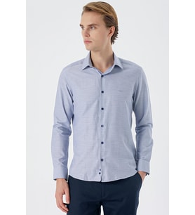 Koyu Lacivert Uzun Kollu Armürlü Cepsiz Pamuklu Slim Fit Gömlek 1004235168