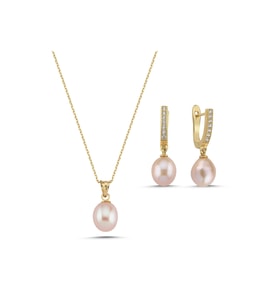 Pembe Damla Doğal İnci Kolye Küpe İkili Set