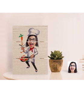 BK Gift Kişiye Özel Kadın Chef Karikatürlü Otantik Masaüstü Ahşap Palet Çerçeve-2 (Beyaz)