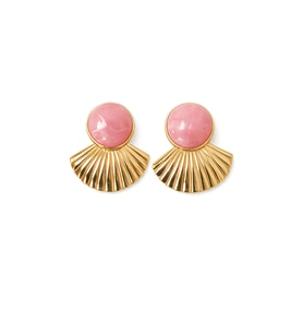 Pembe Taşlı Gold Yelpaze Küpe – Vintage Şık Büyük Boy Kadın Küpe