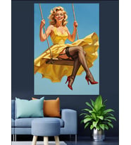 Salıncakta Sallanan Pin-Up Kız Dekoratif Kanvas - Mdf Ahşap Tablo