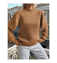 Selanik Örgü Kol Motifli Bisiklet Yaka Camel Triko Kazak