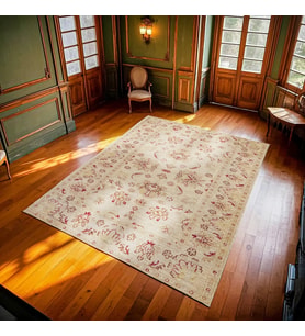 Ekru Vintage Çiçek Motifli Salon Halısı Dijital Baskı Yıkanabilir Yumuşak Doku Koridor