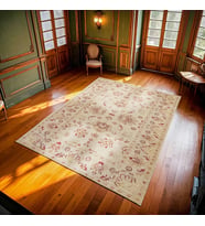 Ekru Vintage Çiçek Motifli Salon Halısı Dijital Baskı Yıkanabilir Yumuşak Doku Koridor