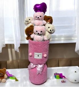 Renkli Tulum Kıyafetli Sevimli Ayıcıklar Mini Kalp Balon Peluş Vazo Tasarımlı Buket