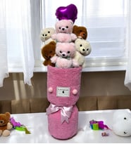 Renkli Tulum Kıyafetli Sevimli Ayıcıklar Mini Kalp Balon Peluş Vazo Tasarımlı Buket