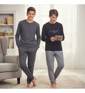 Genç Erkek Pamuklu 2 Adet 2'li Pijama Takımı (AL007 V2, AL009 V2) BB2486